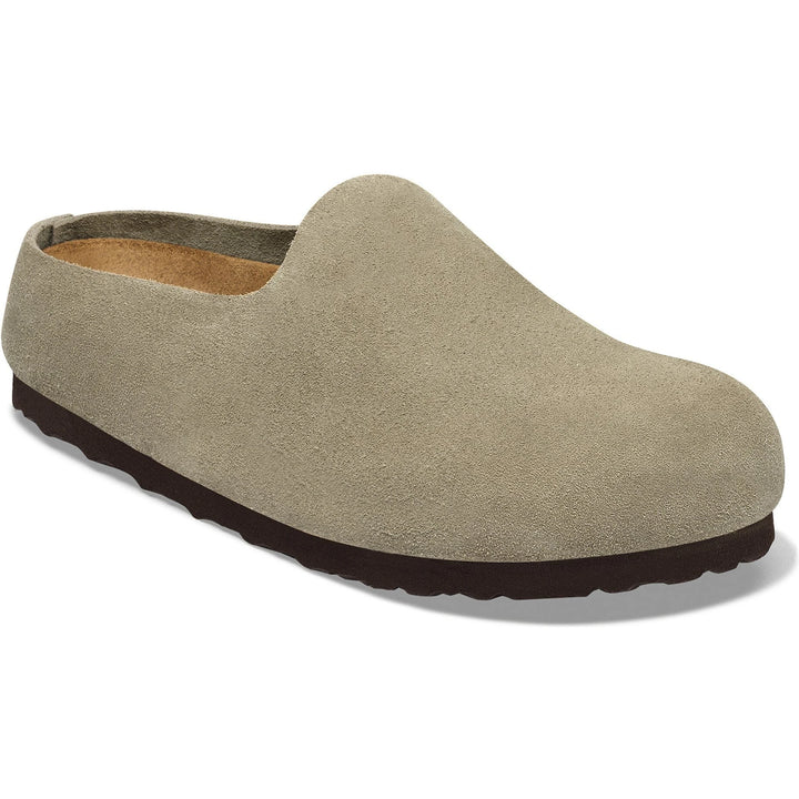 Front angled view of Birkenstock Unisex Amsterdam Wrapped Suede Clog in Taupe