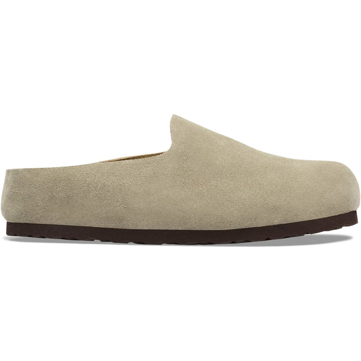 Lateral side of Birkenstock Unisex Amsterdam Wrapped Suede Clog in Taupe