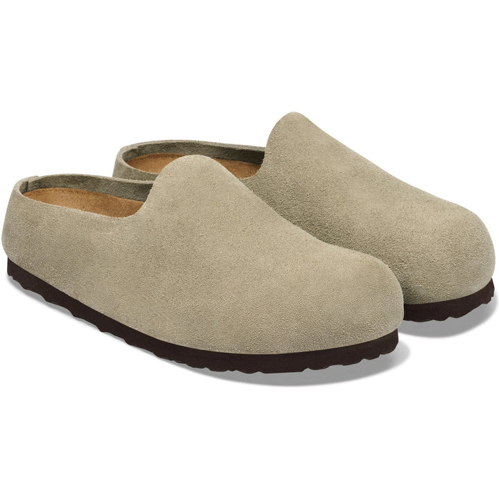 Pair of Birkenstock Unisex Amsterdam Wrapped Suede Clogs in Taupe