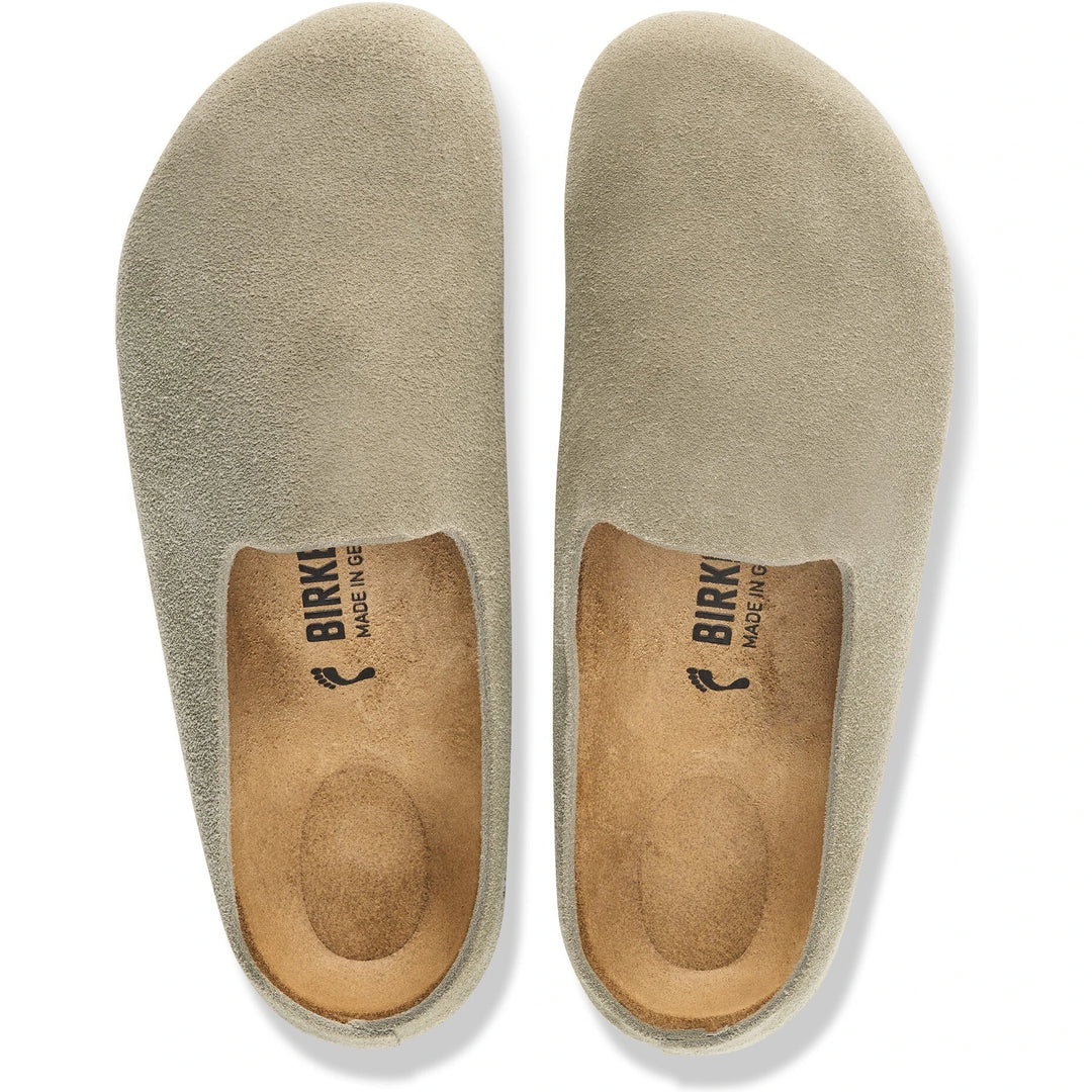 Top down view of Birkenstock Unisex Amsterdam Wrapped Suede Clogs in Taupe