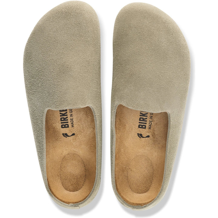 Top down view of Birkenstock Unisex Amsterdam Wrapped Suede Clogs in Taupe