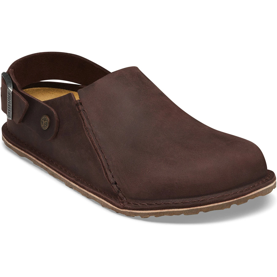 Front angled view of Birkenstock Unisex Lutry Premium Oiled Leather Clog in Habana