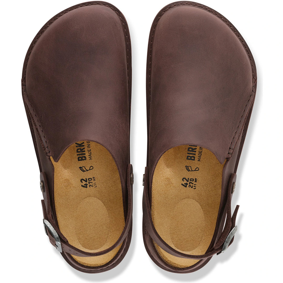 Top down view of Birkenstock Unisex Lutry Premium Oiled Leather Clogs in Habana