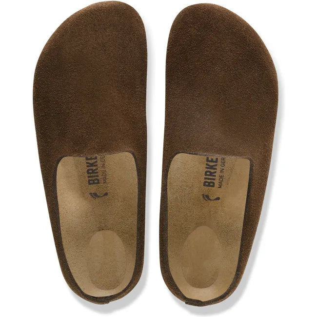 Top down view of Birkenstock Unisex Amsterdam Wrapped Suede Clogs in Carafe
