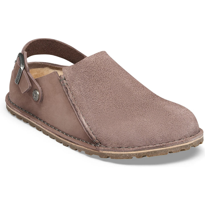 Front angled view of Birkenstock Unisex Lutry Premium Shearling Clog in Faded Purple