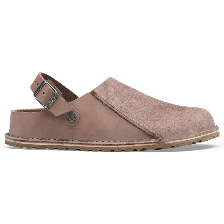 Lateral side of Birkenstock Unisex Lutry Premium Shearling Clog in Faded Purple