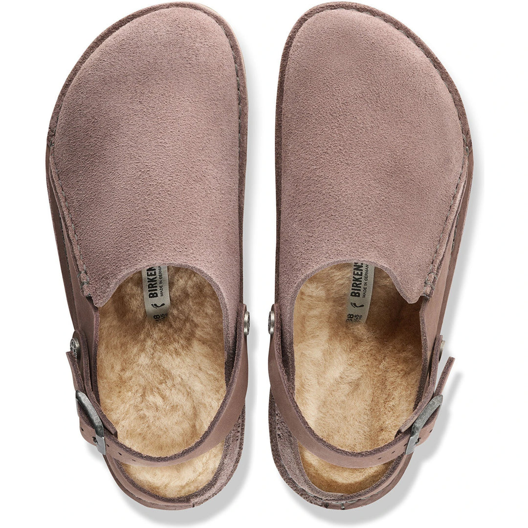 Top down view of Birkenstock Unisex Lutry Premium Shearling Clogs in Faded Purple