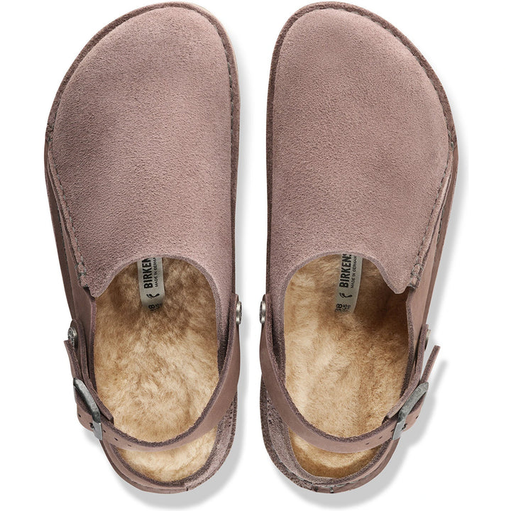 Top down view of Birkenstock Unisex Lutry Premium Shearling Clogs in Faded Purple