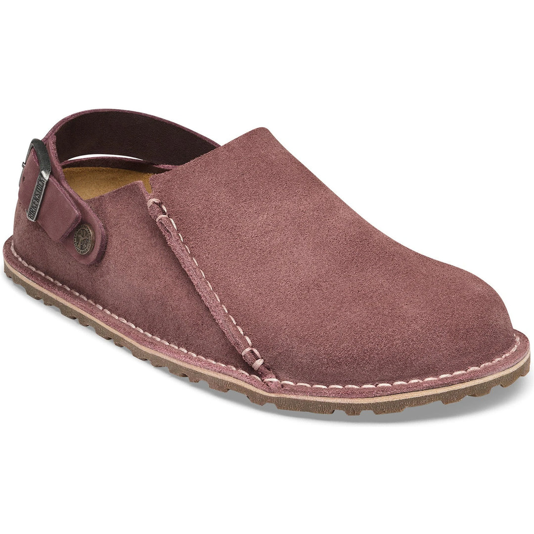 Front angled view of Birkenstock Unisex Lutry Premium Suede Clog in Pepper