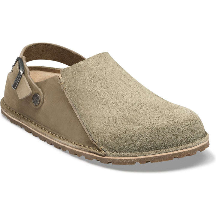Front angled view of Birkenstock Unisex Lutry Premium Shearling Clog in Taupe