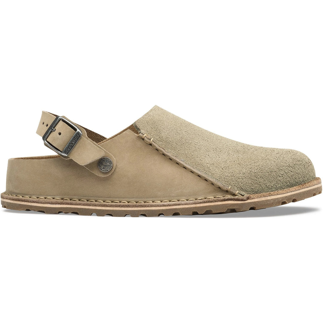 Lateral side of Birkenstock Unisex Lutry Premium Shearling Clog in Taupe