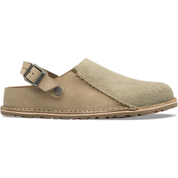Lateral side of Birkenstock Unisex Lutry Premium Shearling Clog in Taupe