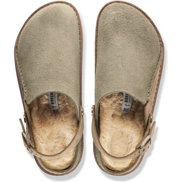 Top down view of Birkenstock Unisex Lutry Premium Shearling Clogs in Taupe