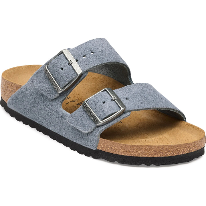 Front angled view of Birkenstock Unisex Arizona Suede Sandal in Stone Blue