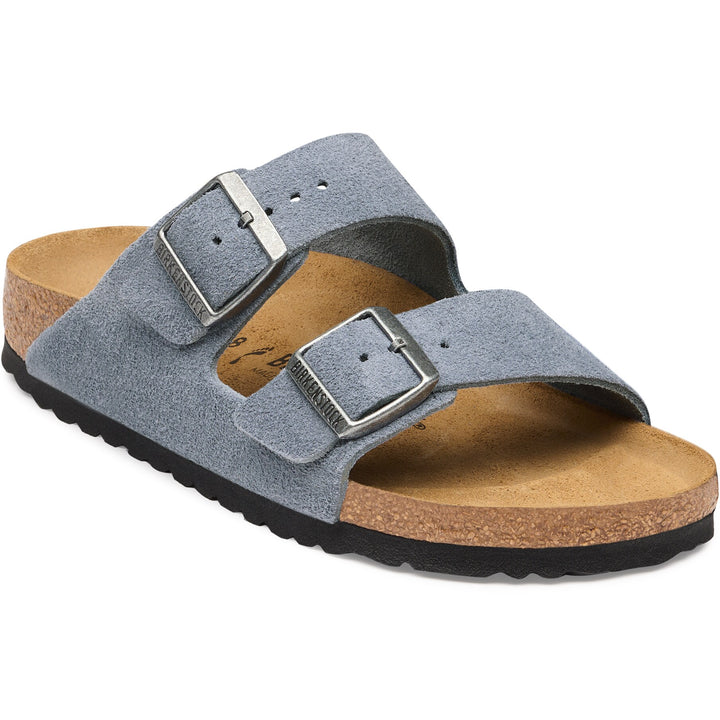 Birkenstock Unisex Arizona Suede Sandal in Stone Blue Suede - three-quarter view