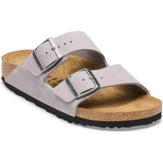 Front angled view of Birkenstock Unisex Arizona Suede Sandal in Lavender Sky