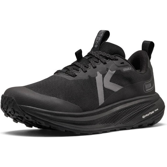 Front angled view of Keen Women's Roam Waterproof Trail Running Shoe in Black/Black
