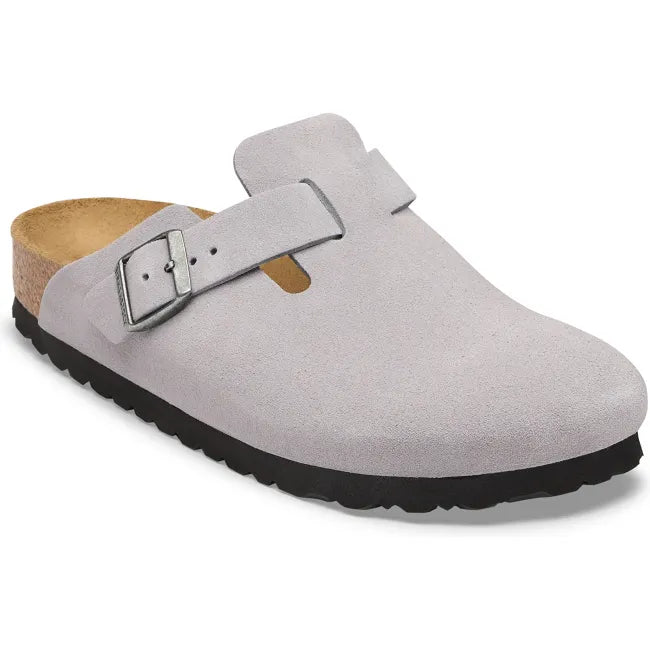 Front angled view of Birkenstock Unisex Boston Suede Clog in Lavender Sky