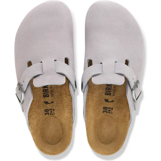 Top down view of Birkenstock Unisex Boston Suede Clogs in Lavender Sky