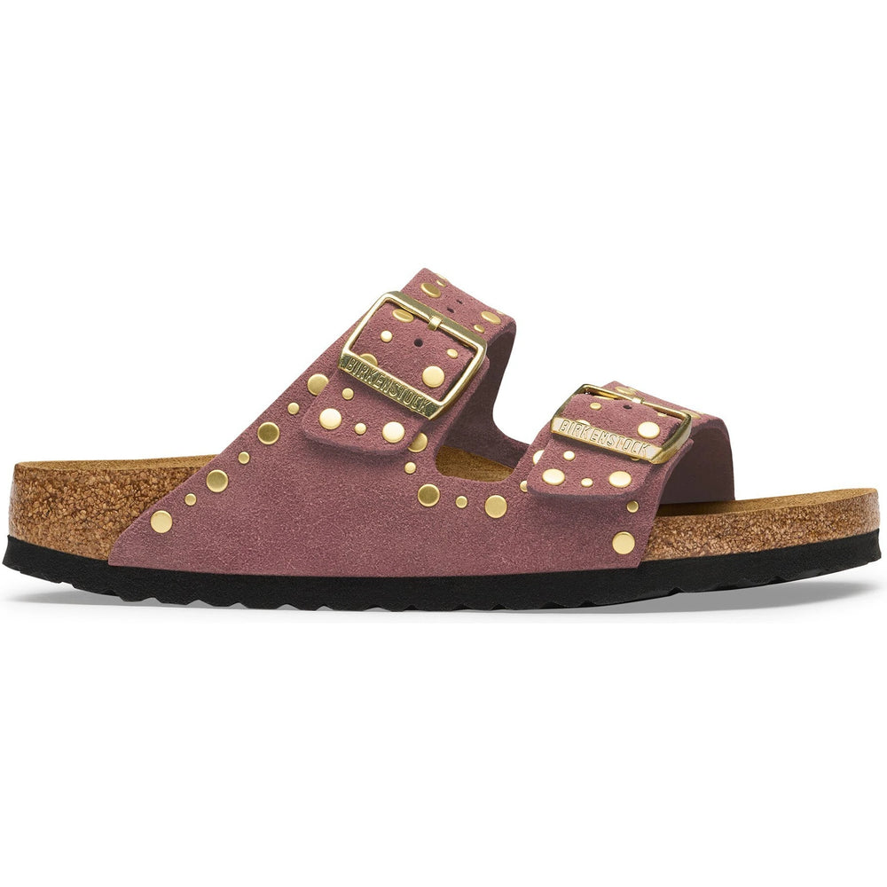 Lateral side of Birkenstock Women's Arizona Rivets Suede Sandal in Pepper