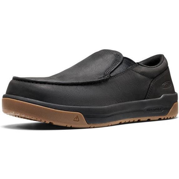 Front angled view of Keen Men's Gibson Slip-On Carbon Toe Work Shoe in Black/Gum