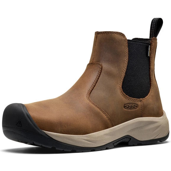 Front angled view of Keen Men's Highframe Chelsea Waterproof Steel Toe Work Boot in Dark Earth/Black