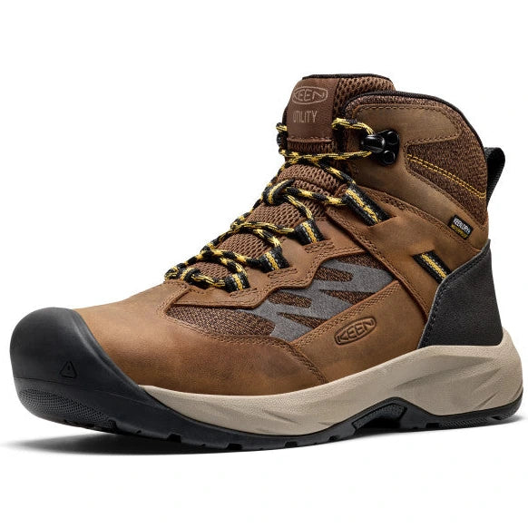 Front angled view of Keen Men's Highframe Waterproof Steel Toe Work Boot in Dark Earth/Black