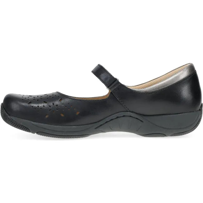 Dansko Women's Stacy Mary Jane Shoe in Black Waxy Burnished leather, side view