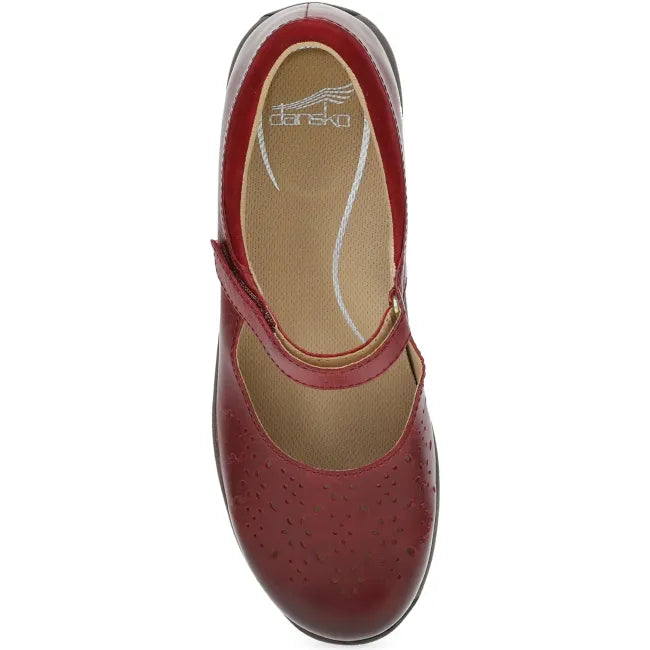 Dansko Stacy Mary Jane in red waxy burnished leather, top view showing hook-and-loop instep strap