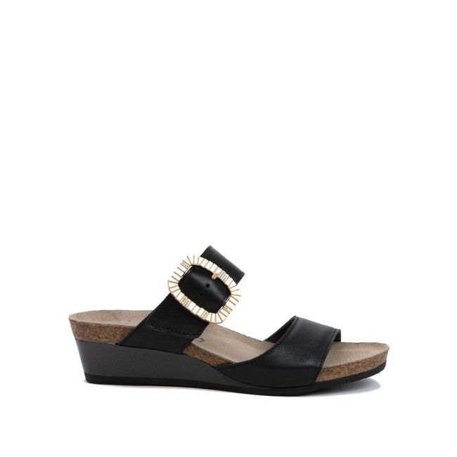 Side of Naot Women's Magic Luxe Slide Sandal in Black Leather