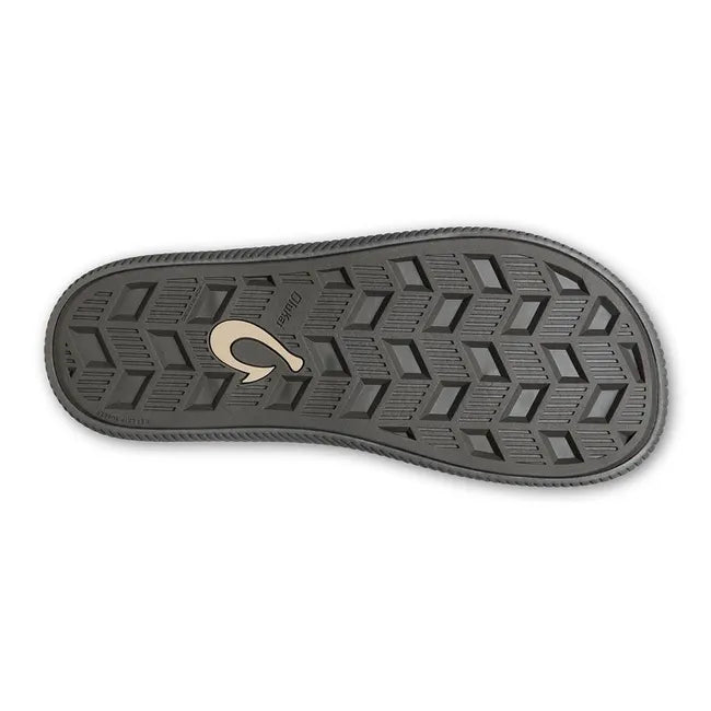 Top side down of Men's Olukai Ulele Flip Flop in Dark Shadow with a Black sole and tread