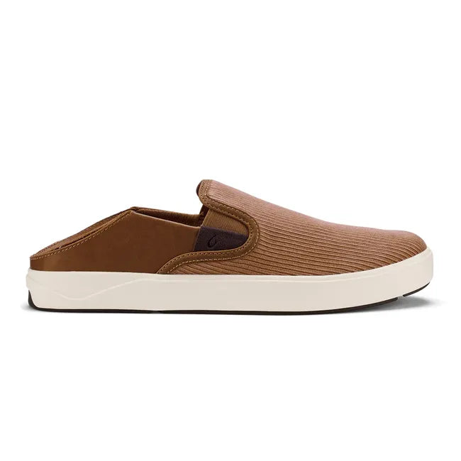 Lateral side of Men's Olukai Laeahi Kapa slip on shoe in brown with a white sole. Drop in heel down