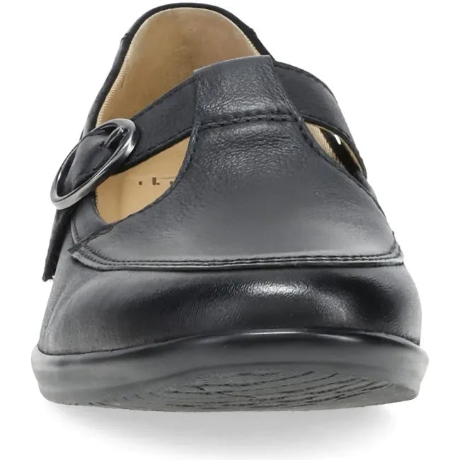 Dansko Constance T-strap shoe in black leather, front view
