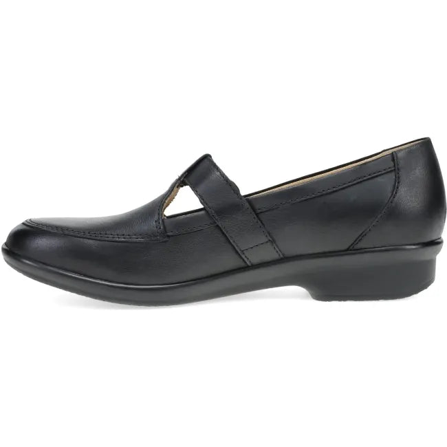 Dansko Constance T-strap shoe in black leather, side profile