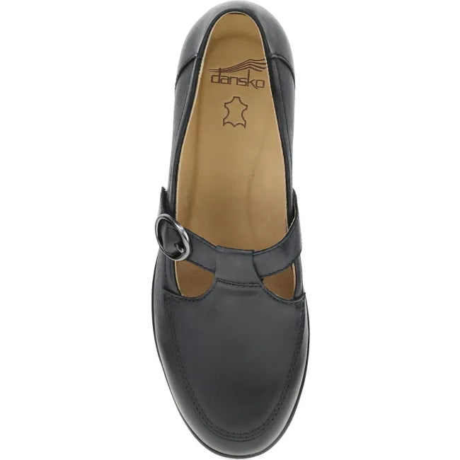 Dansko Constance T-strap shoe in black leather, top view showing T-bar strap and hook-and-loop closure