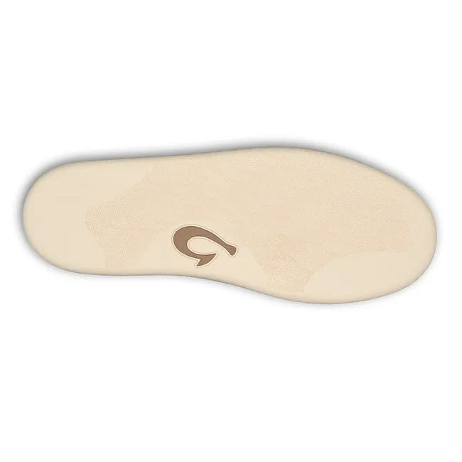 Sole of Men's Olukai Punini Shoe in Off White Aloha color with a white sole and tread