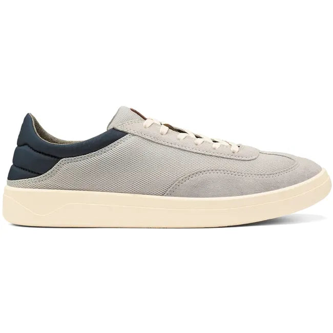 Lateral side of Men's Olukai Punini Shoe in Vapor gray and Trench Blue with a white sole