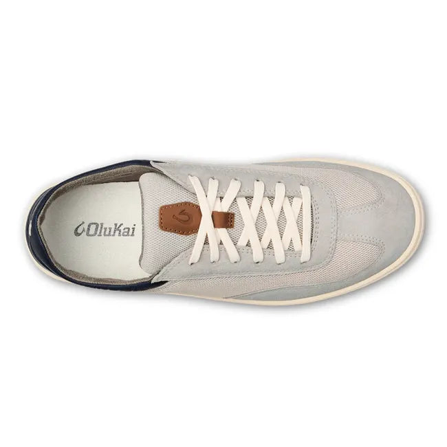 Top down view of Men's Olukai Punini Shoe in Vapor gray and Trench Blue with a white sole