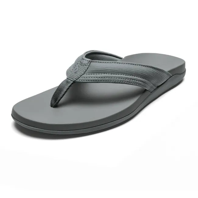 Front angled view of the Cooler Gray Men's Olukai Maha Flip Flop Recovery Sandal