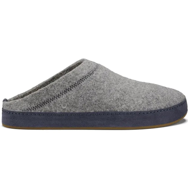 Lateral side of Men's Olukai Hamani Hulu Slipper in Grey with shearling lining and grippy outsole