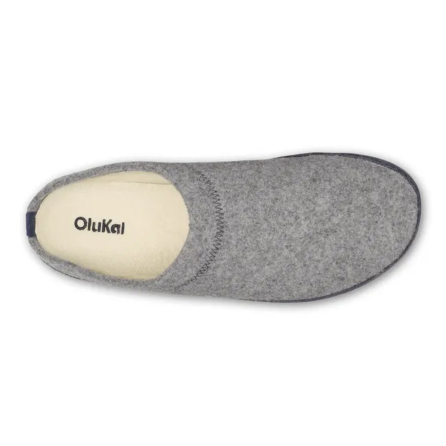 Top down view of Men&#39;s Olukai Hamani Hulu Slipper in Grey with shearling lining and grippy outsole