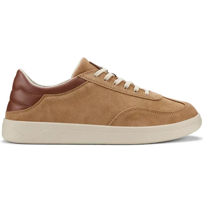 Lateral side of Men's Olukai Punini Suede Sneaker in Tan Toffee Suede with a white sole