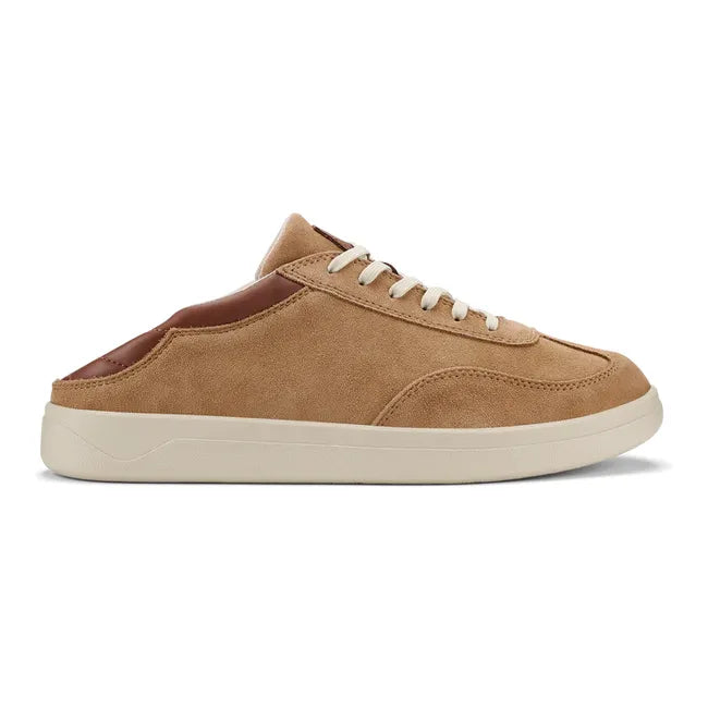 Lateral side of Men's Olukai Punini Suede Sneaker in Tan Toffee Suede with the collapsible heel down