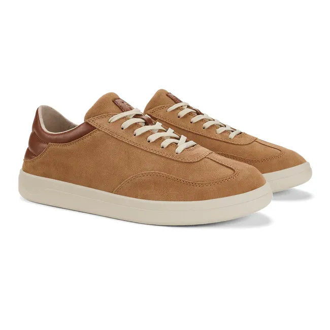 Pair of Men's Olukai Punini Suede Sneaker in Tan Toffee Suede with a white sole