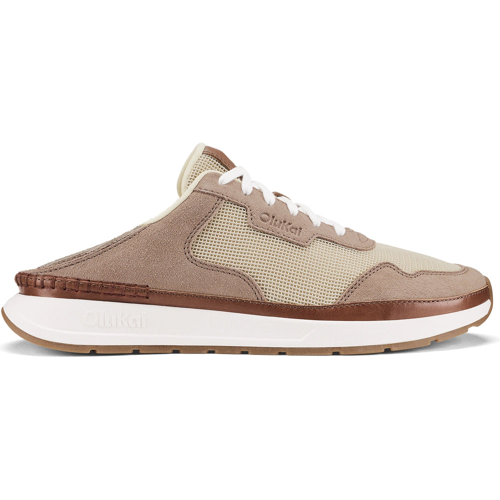 Medial side of Olukai Men's Koke Sneaker in Ecru/Taupe Grey