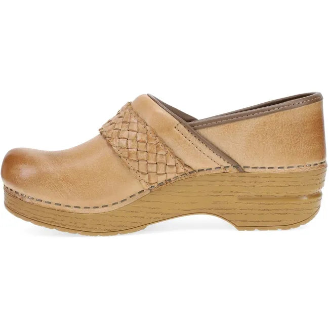 Dansko Pro Braided clog in honey leather, side profile showing rocker bottom