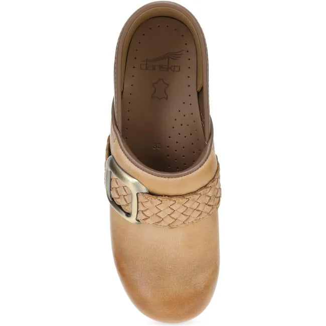 Dansko Pro Braided clog in honey leather, top view showing braided vamp and antiqued buckle
