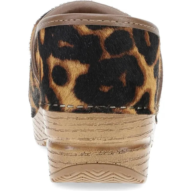 Dansko Professional clog in leopard haircalf, back view showing heel counter