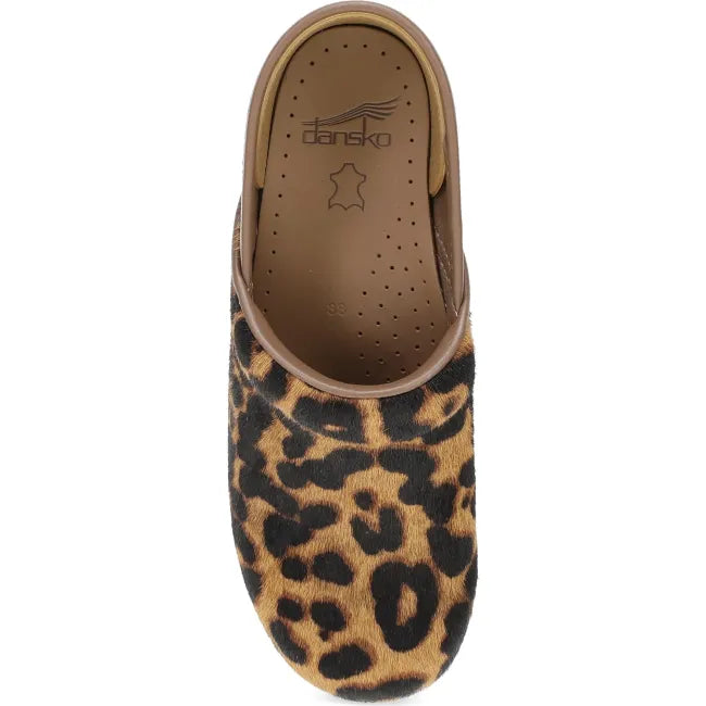 Dansko Professional clog in leopard haircalf, top view showing padded instep collar
