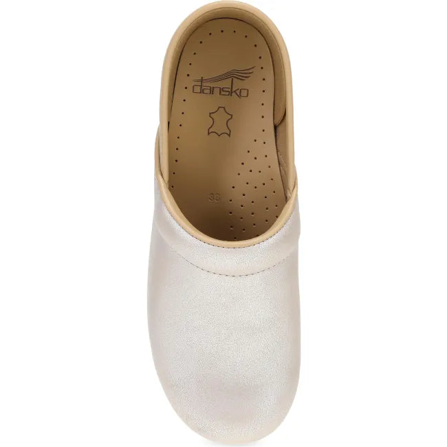 Dansko Professional clog in pearl metallic leather, top view showing padded instep collar